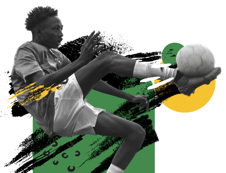 Male playing soccer with green and yellow graphics